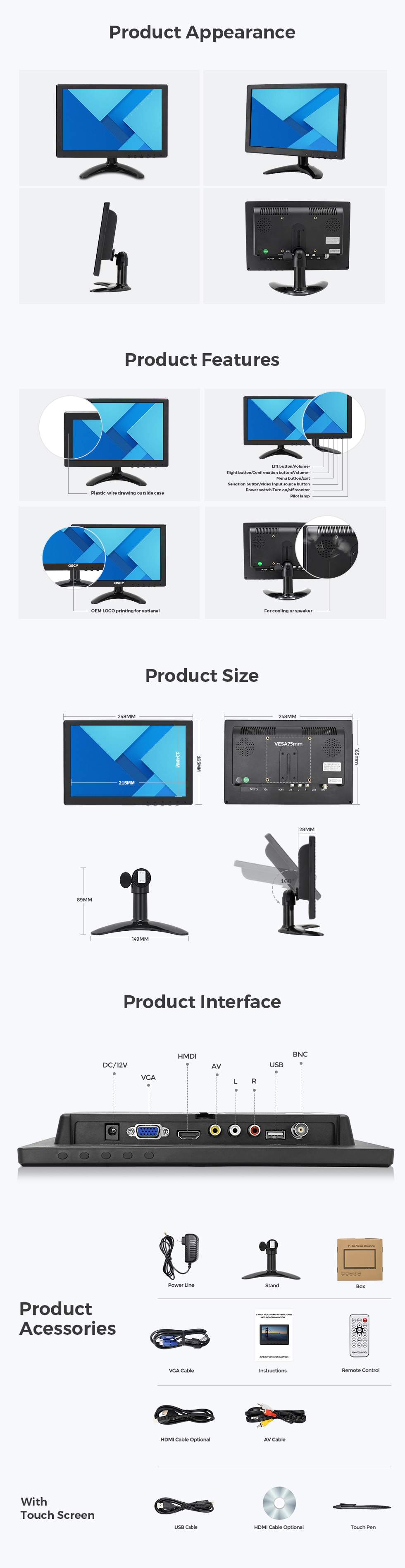 hd ips industrial touch monitor usb ips dv 12v