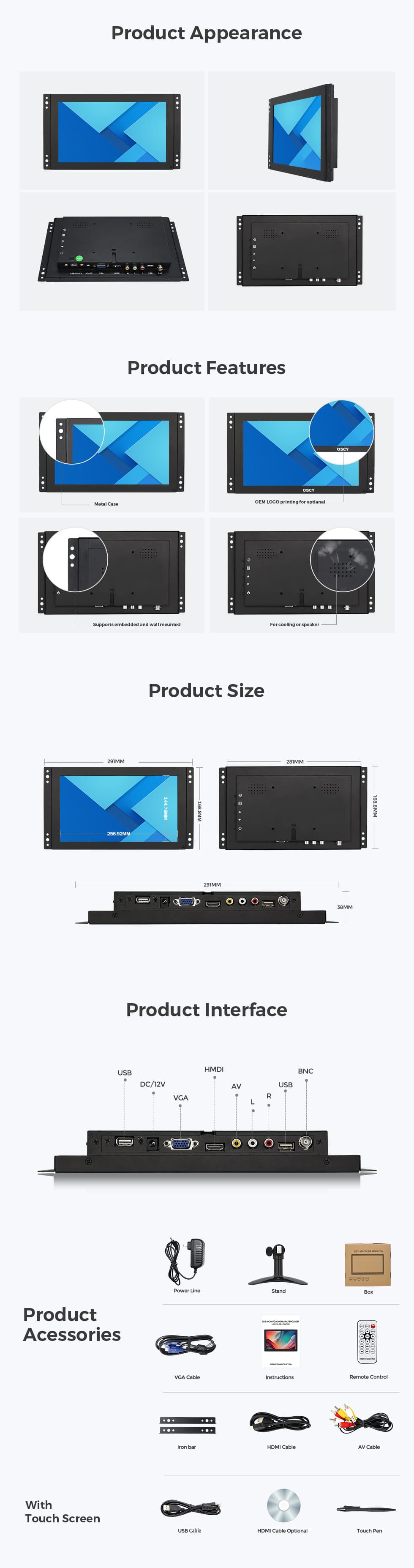 frame 1280 800 ips 10 inch embedded lcd monitor